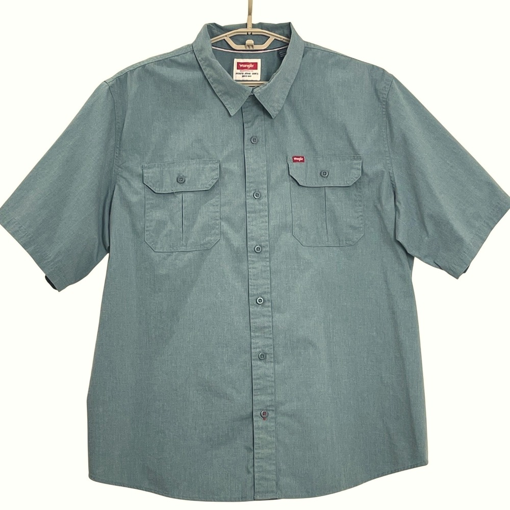 Wrangler Mens Button Down Shirt 2XL Green Short Sleeve Stretch Poplin Relaxed